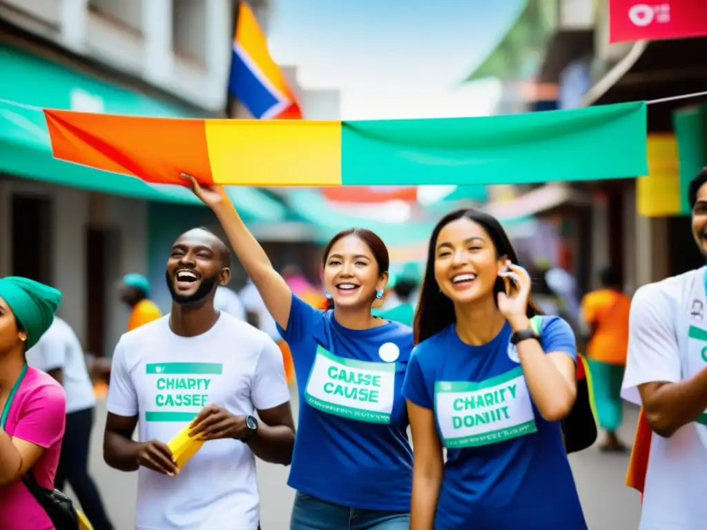 Voluntarios de ONG pequeña organizando evento solidario en ciudad