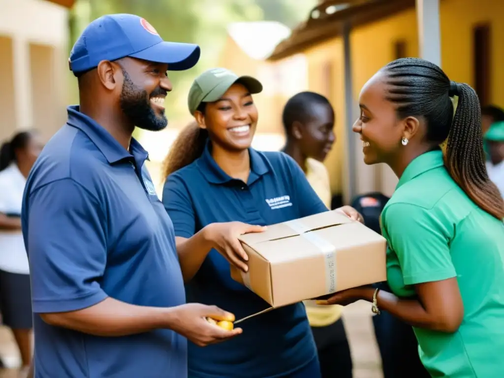 Voluntarios y personal distribuyendo alimentos y suministros en programa comunitario, mostrando calidez y dedicación