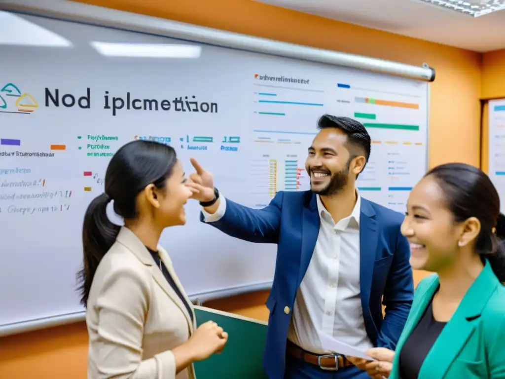 Voluntarios y personal de ONG sonrientes discuten el éxito de programas de afiliados para ONGs frente a un tablero lleno de gráficos y datos, mostrando dedicación y pasión