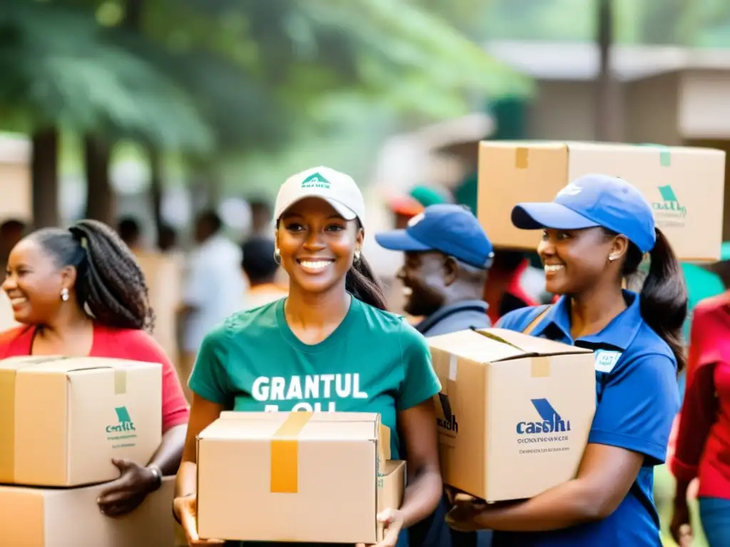 Voluntarios y personal distribuyen suministros a una comunidad necesitada, mostrando el impacto de la gestión eficiente del flujo de efectivo en ONG