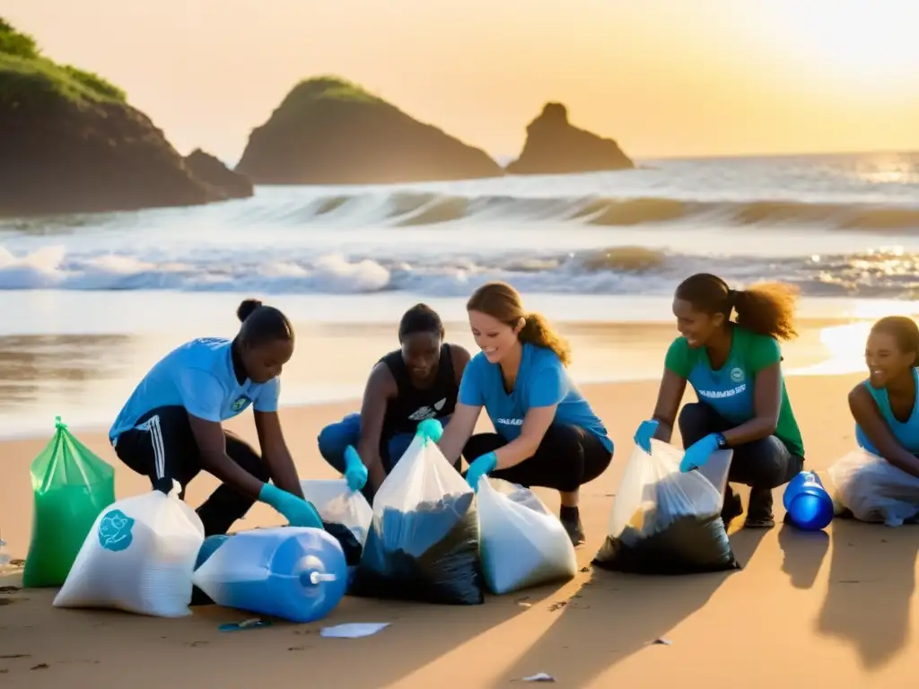 Voluntarios de ONG recogen plástico en la playa al atardecer, demostrando estrategias de reducción de plásticos