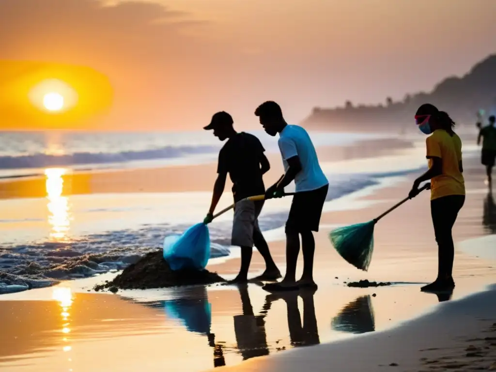 Voluntarios de ONG limpian playa al atardecer, mostrando determinación y esperanza por mejorar visibilidad online ONGs