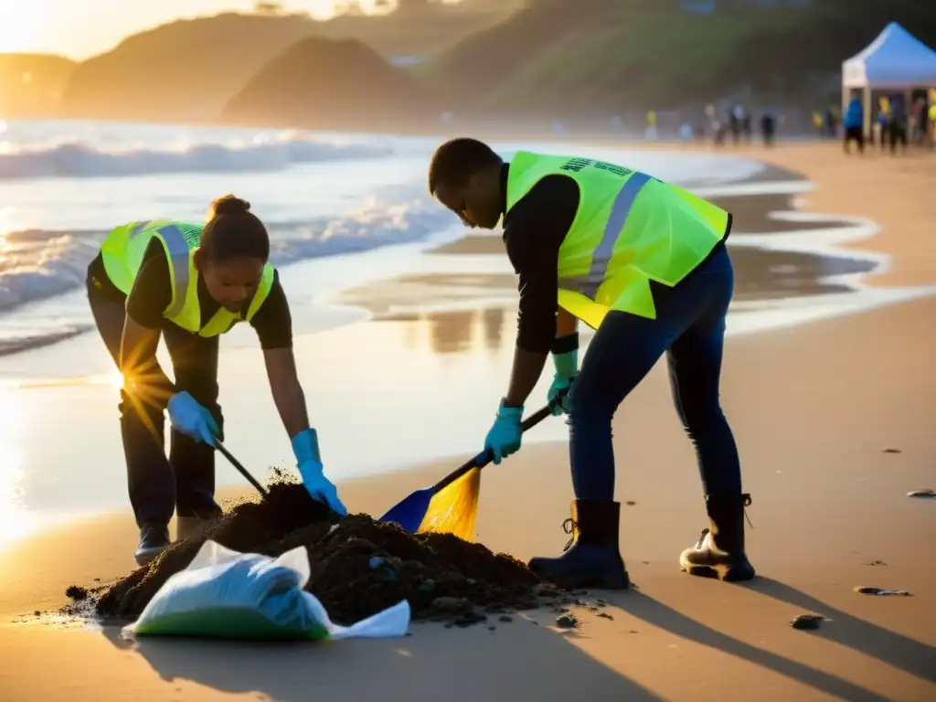 Voluntarios limpiando la playa al atardecer, reflejando el espíritu comunitario y la financiación de ONGs a través de Blockchain