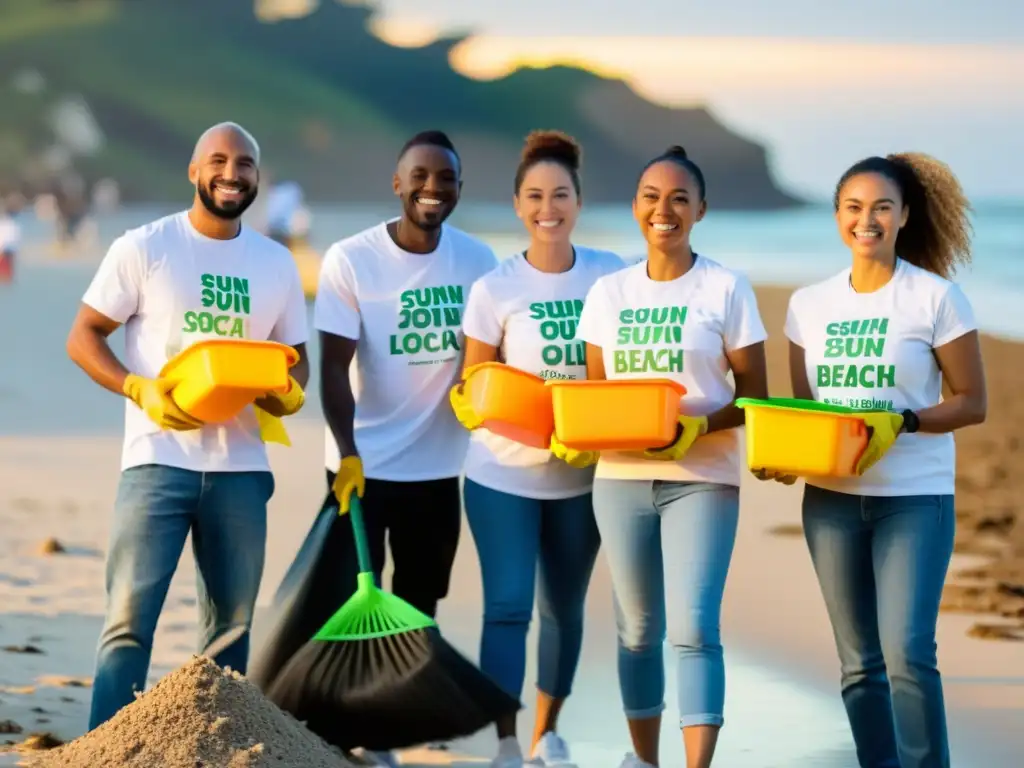 Voluntarios de ONG limpian la playa al atardecer, integrando RSE en Estrategia Marketing ONG