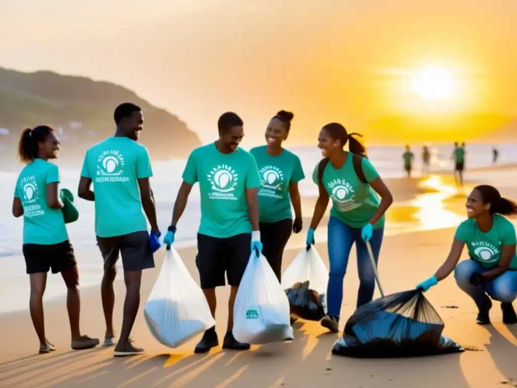 Voluntarios limpian playa al atardecer, promoviendo imagen positiva ONG en Internet