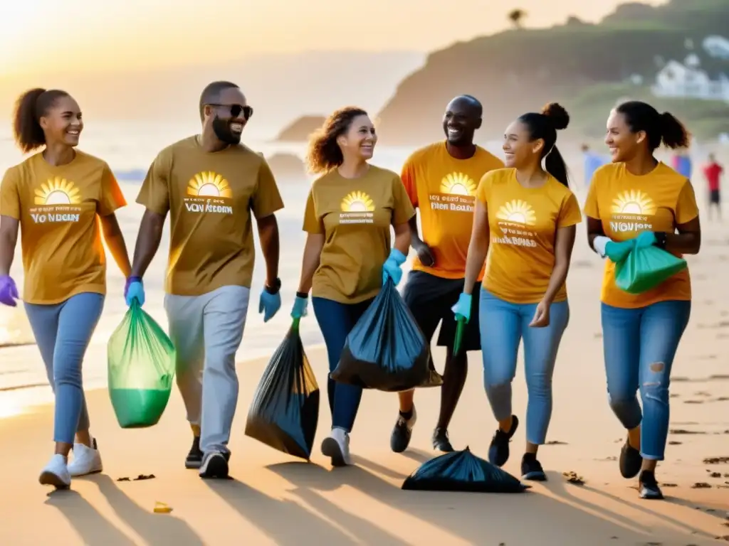 Voluntarios de una ONG limpian la playa al atardecer, creando una imagen positiva ONG en Internet de unidad y impacto comunitario