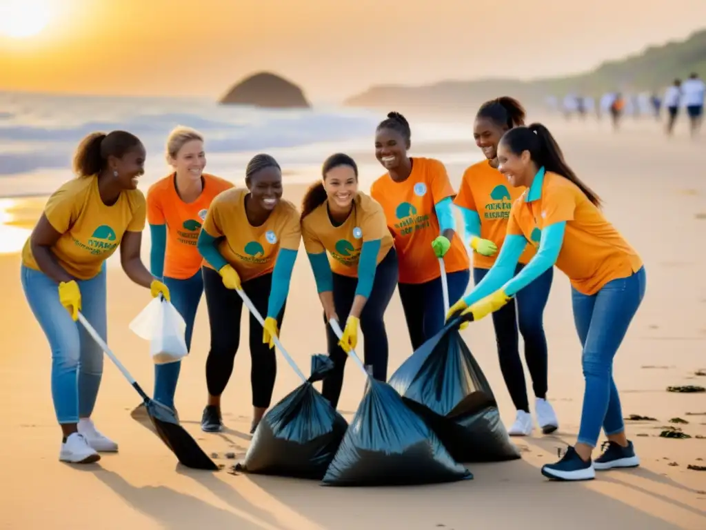 Voluntarios de una ONG limpian la playa al atardecer, transmitiendo una imagen positiva de trabajo en equipo y compromiso con el medio ambiente