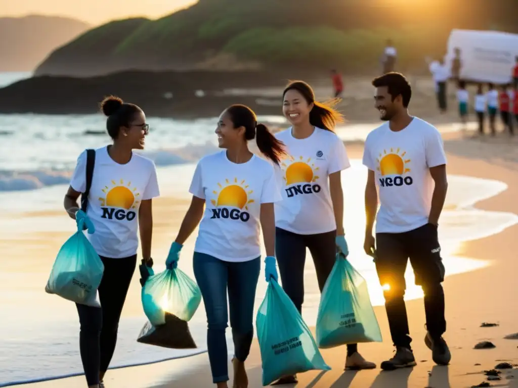 Voluntarios de ONG limpian una playa al atardecer, creando impacto positivo y comunidad