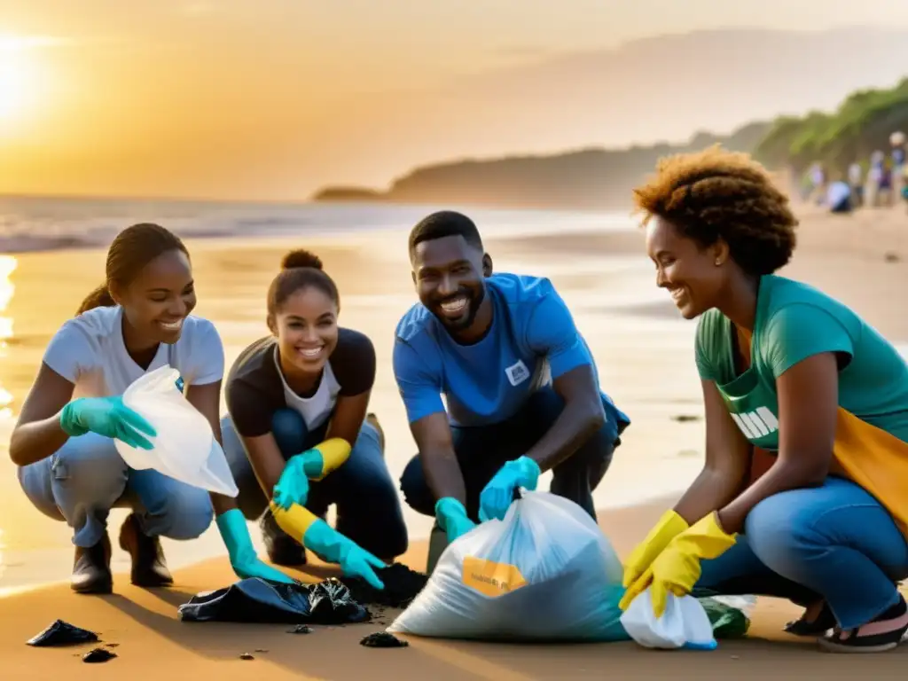 Voluntarios de ONG colaboran limpiando la playa al atardecer, destacando la influencia de estrategias contenido digital en la conservación ambiental