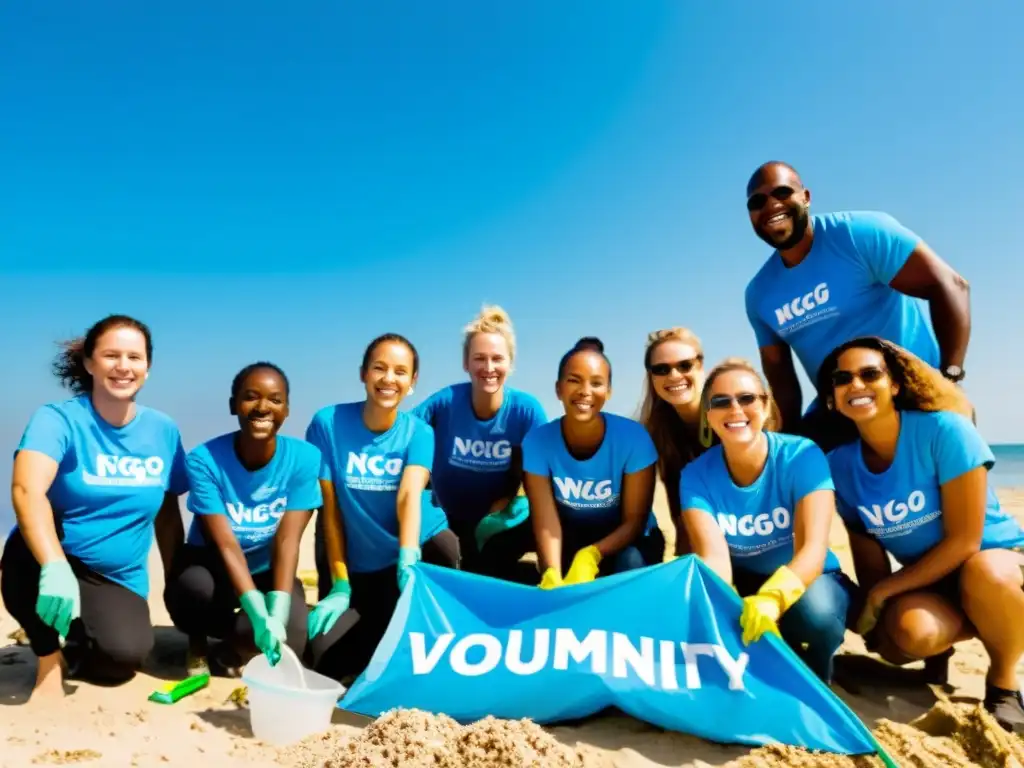 Voluntarios limpian la playa con camisetas de ONG Ética en la reputación ONGs, creando un impacto positivo