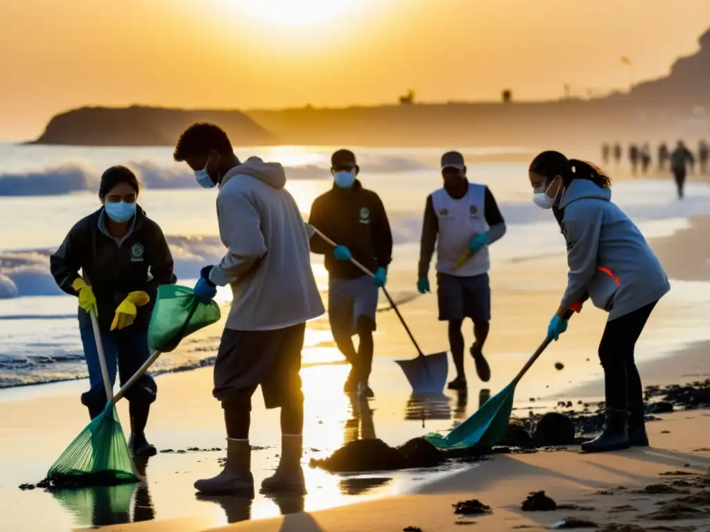 Voluntarios de una ONG limpiando una playa contaminada al atardecer, mostrando su determinación y la belleza natural