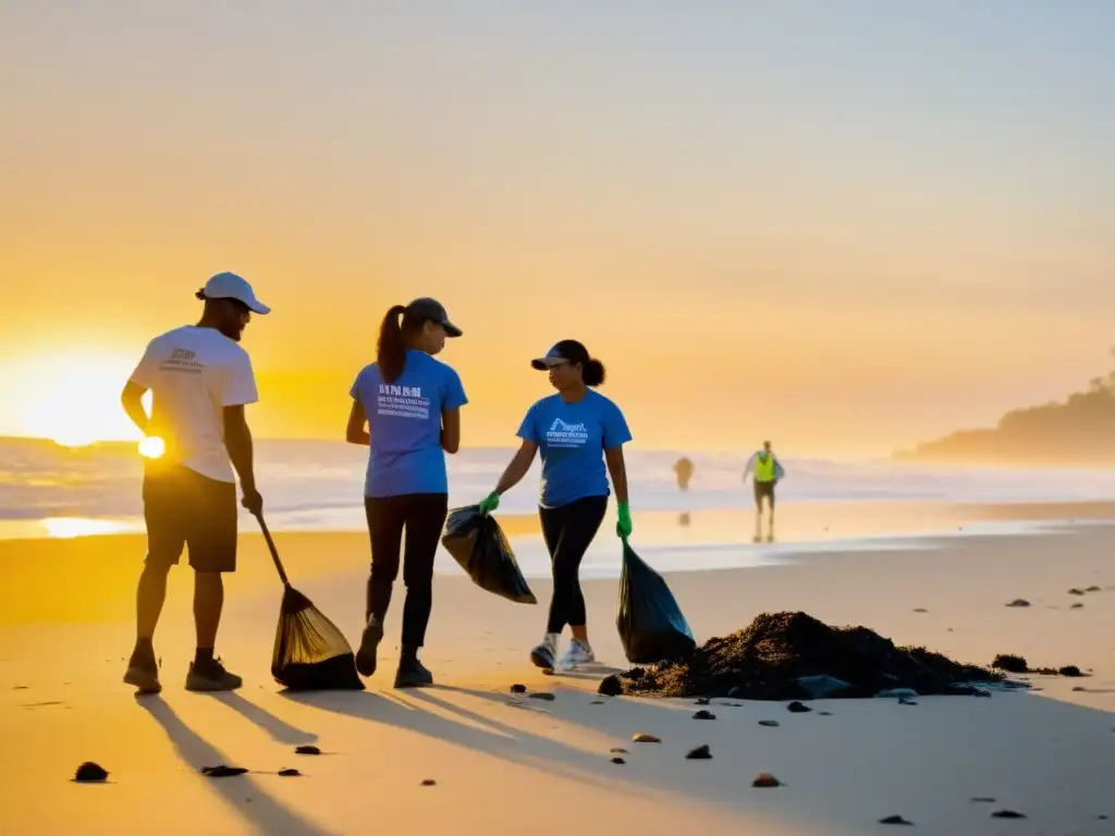 Voluntarios de una ONG limpian una playa al amanecer, mostrando ética en la reputación ONGs