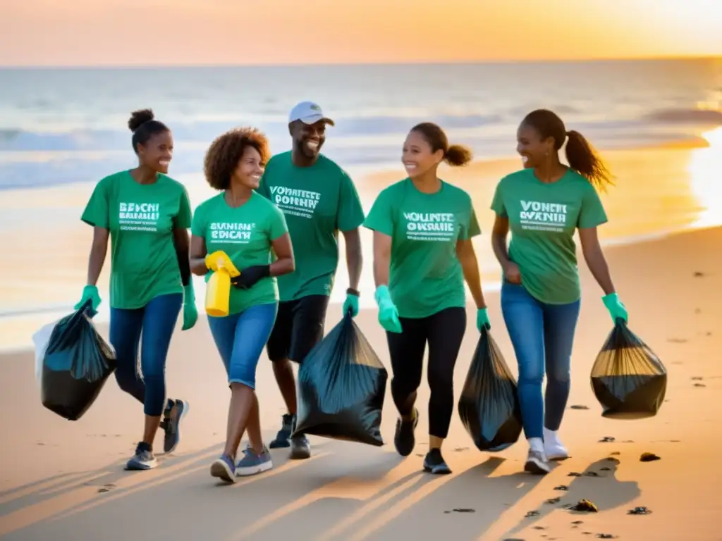 Voluntarios de ONG limpian playa al amanecer, proyectando responsabilidad ambiental y reputación online positiva