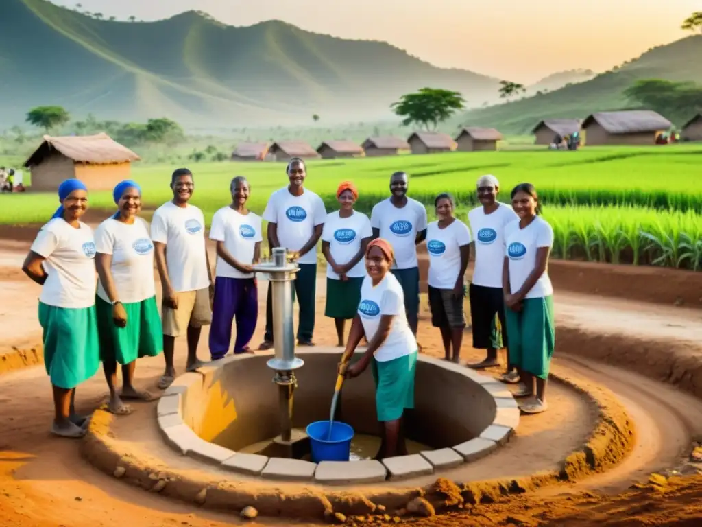 Voluntarios de ONG construyendo un pozo de agua en una aldea remota al atardecer, demostrando la importancia de misión, visión y valores en ONGs