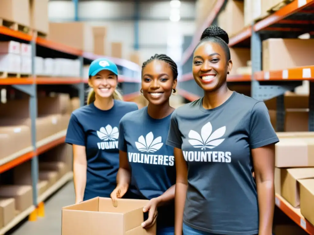 Voluntarios empaquetando productos solidarios en almacén con merchandising para ONG, transmitiendo solidaridad y unión comunitaria