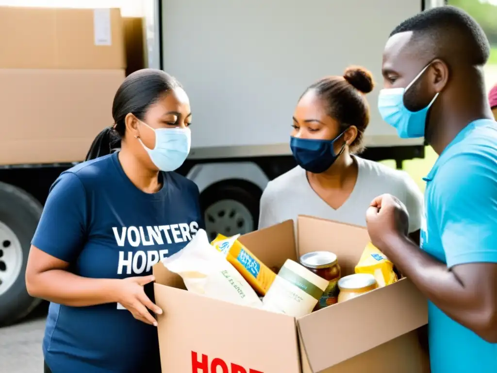 Voluntarios y profesionales distribuyen alimentos y suministros a familias necesitadas, reflejando gratitud y esperanza