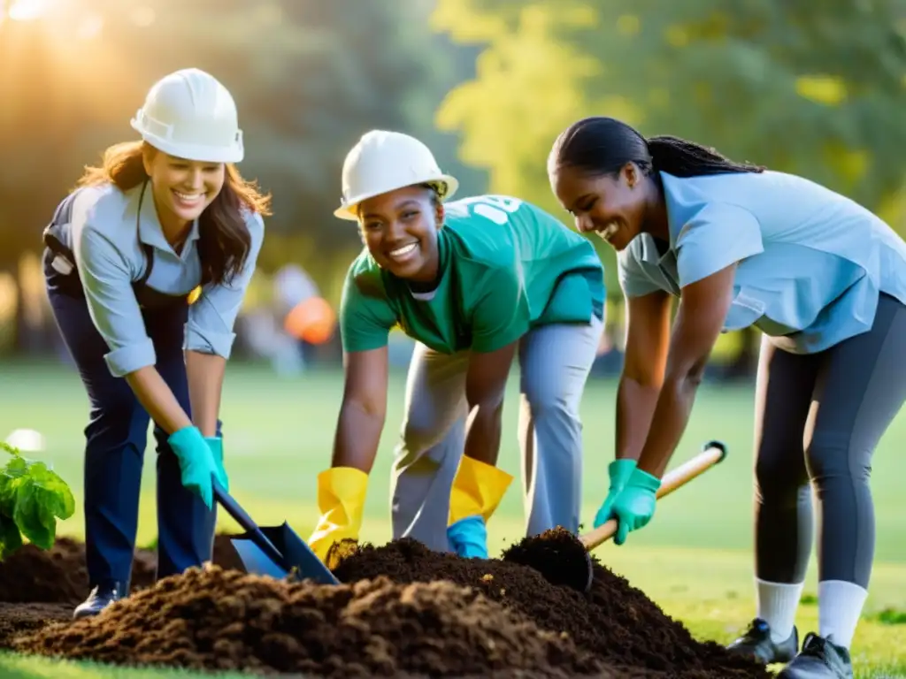 Voluntarios y profesionales plantan árboles y limpian un parque al atardecer, creando sostenibilidad en proyectos comunitarios