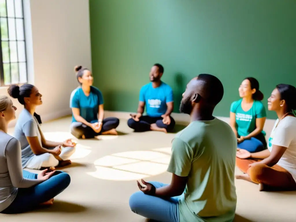 Voluntarios en sesión de mindfulness y meditación en programa de bienestar para ONG