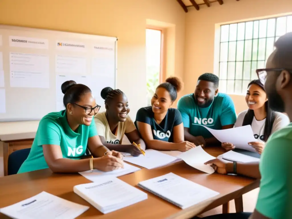 Voluntarios colaborando en un proyecto comunitario, rodeados de papeles y laptops