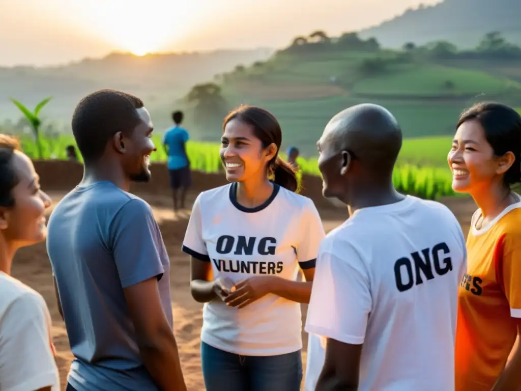 Voluntarios de ONG discuten proyectos de desarrollo comunitario con residentes locales al atardecer, promoviendo la observación participante en ONGs