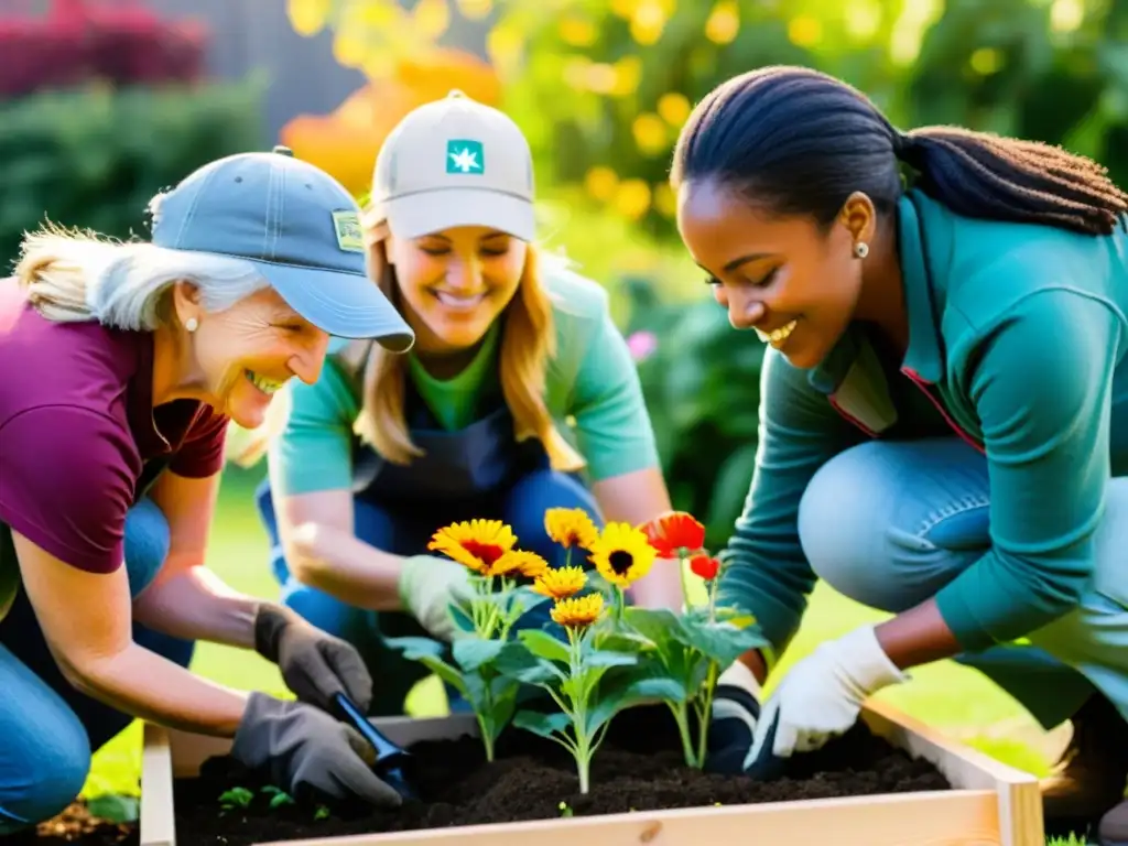 Voluntarios gestión proyectos sin ánimo de lucro creando jardín comunitario sostenible, unidos en armonía y cuidado compartido de la naturaleza