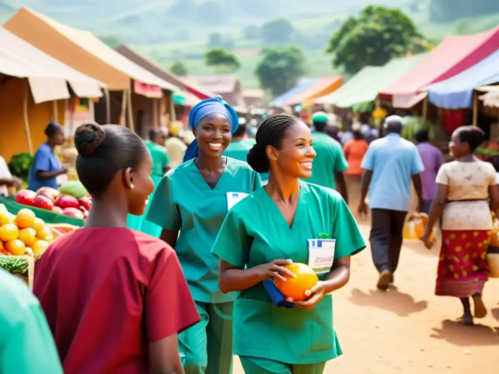 Voluntarios realizando proyectos de salud comunitaria ONG, brindando atención médica en un animado mercado rural