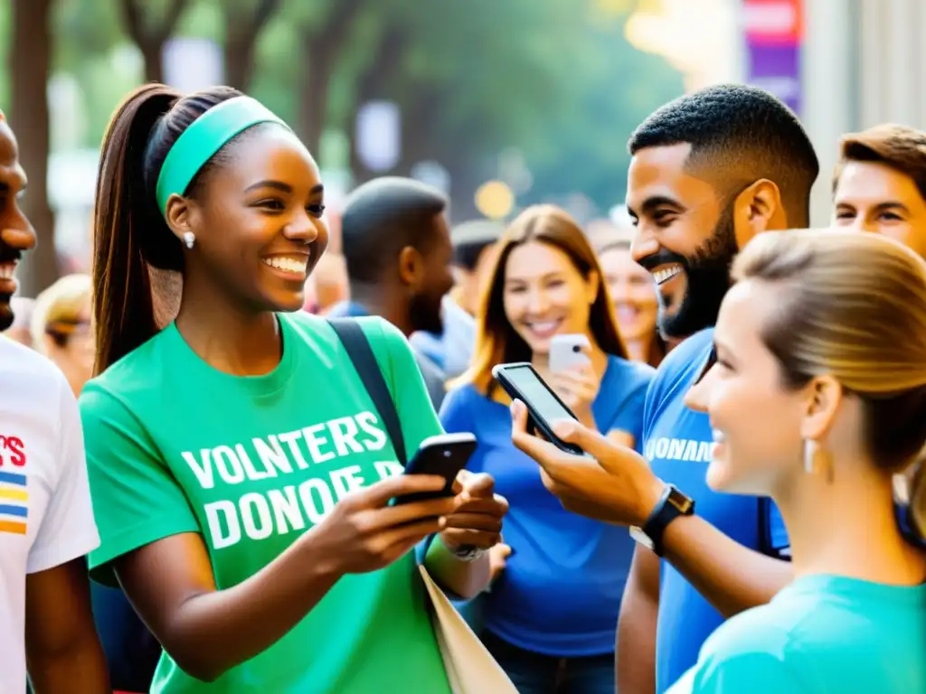 Voluntarios de ONG interactúan con el público en estrategias de marketing móvil en evento, transmitiendo entusiasmo y comunidad