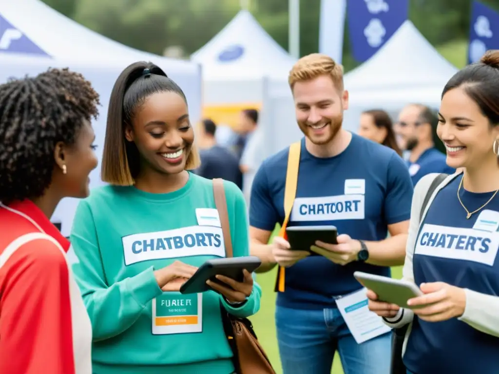 Voluntarios y recaudadores interactúan con chatbots inteligentes en evento de recaudación de fondos, mostrando colaboración comunitaria