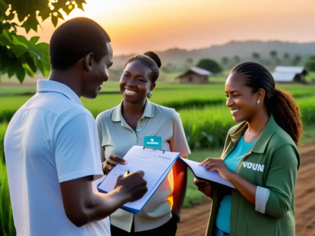 Voluntarios de ONG ampliando red de apoyo en comunidad rural al atardecer