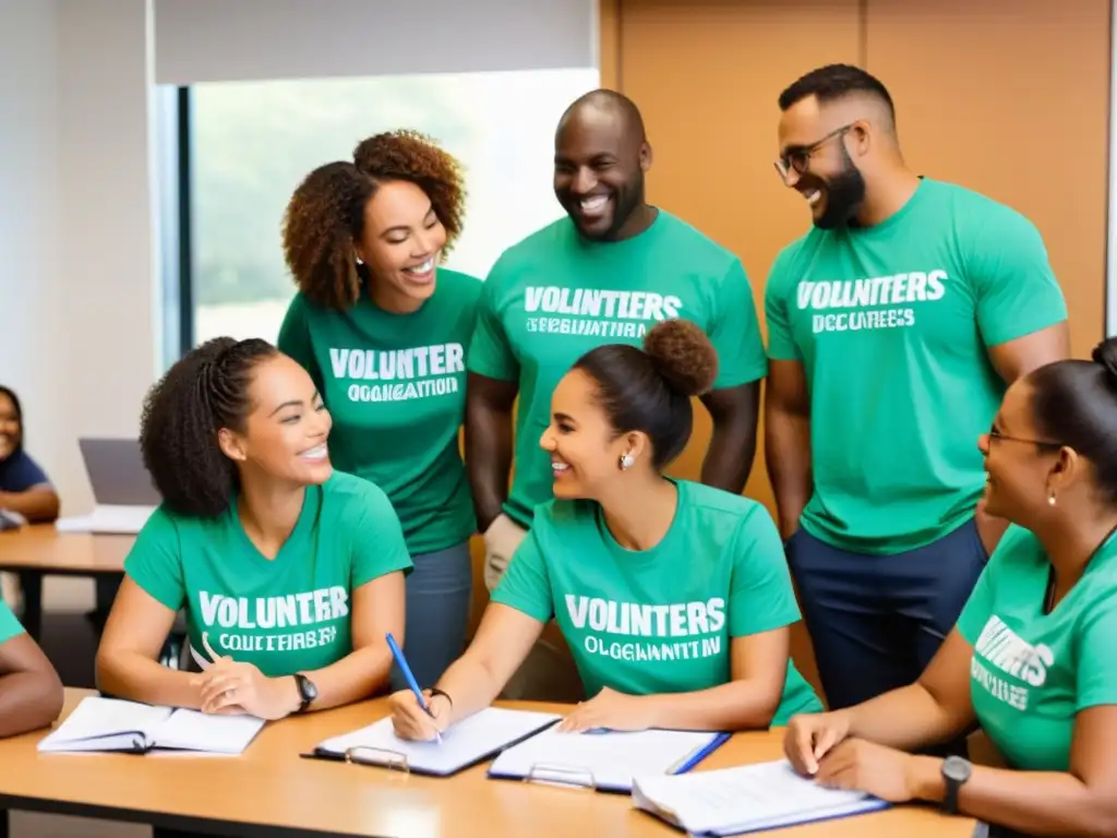 Voluntarios colaborando en registro para ONG, en oficina con buena energía y normativa registro voluntarios ONG