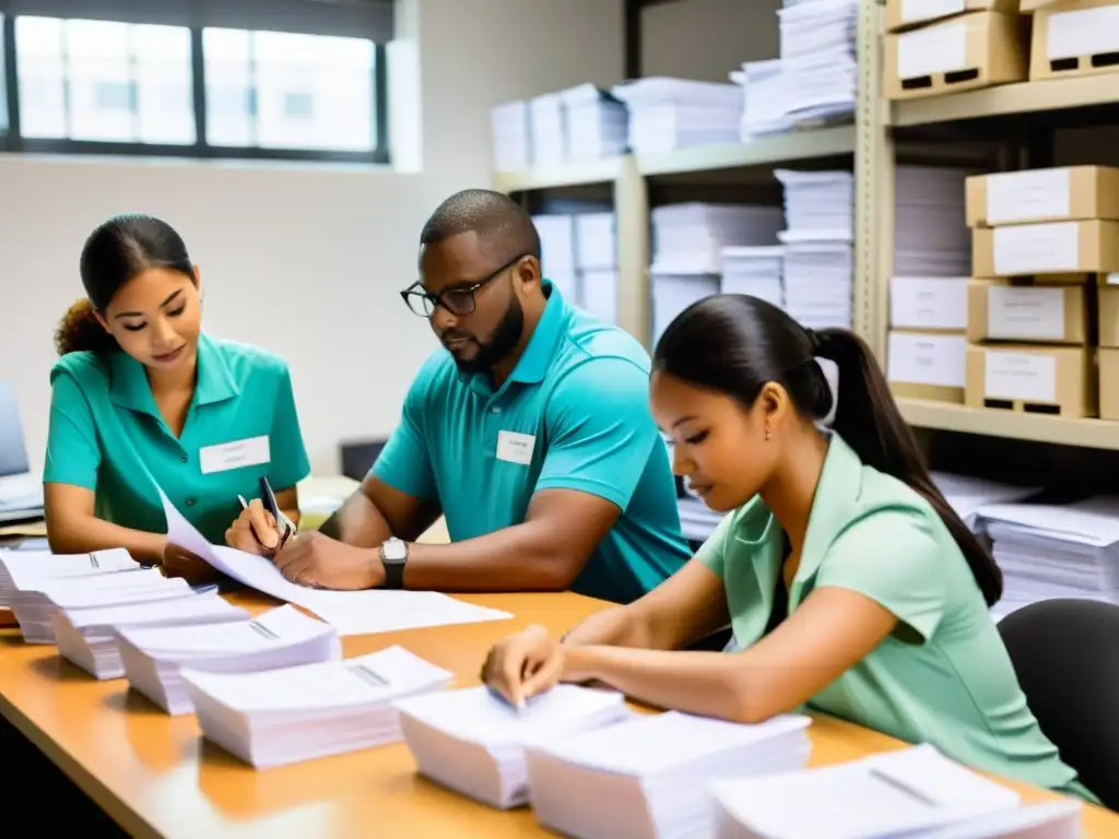 Voluntarios organizando registros financieros en oficina de ONG, reflejando profesionalismo y dedicación en implementación sistema de costos ONGs