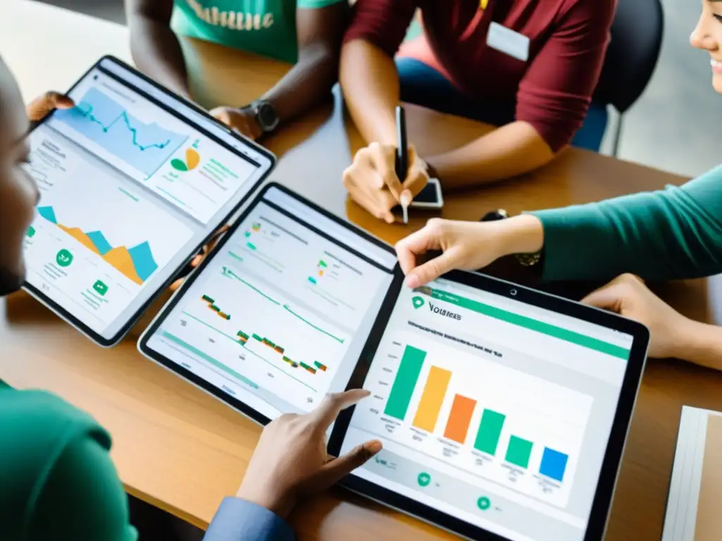 Voluntarios de ONG colaboran en una reunión, analizando gráficos en una app móvil
