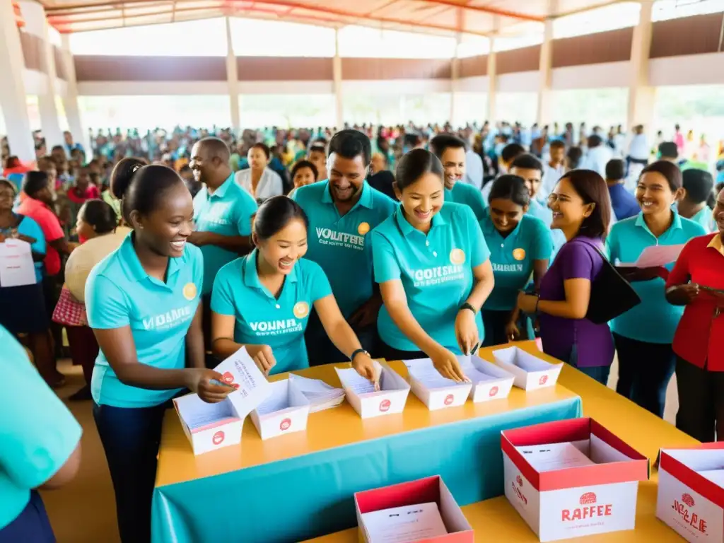 Voluntarios y ONG organizan rifa solidaria en centro comunitario bullicioso, creando lazos con la comunidad