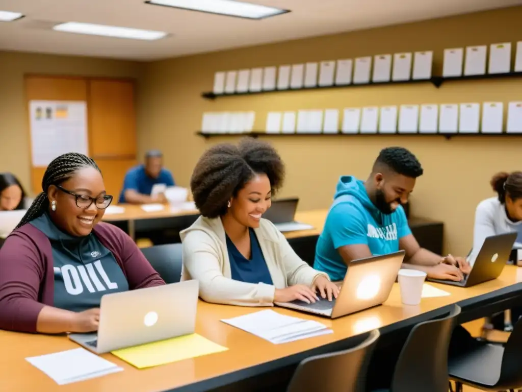 Voluntarios trabajan en laptops en una ONG, rodeados de luz natural y notas de agradecimiento, transmitiendo inspiración
