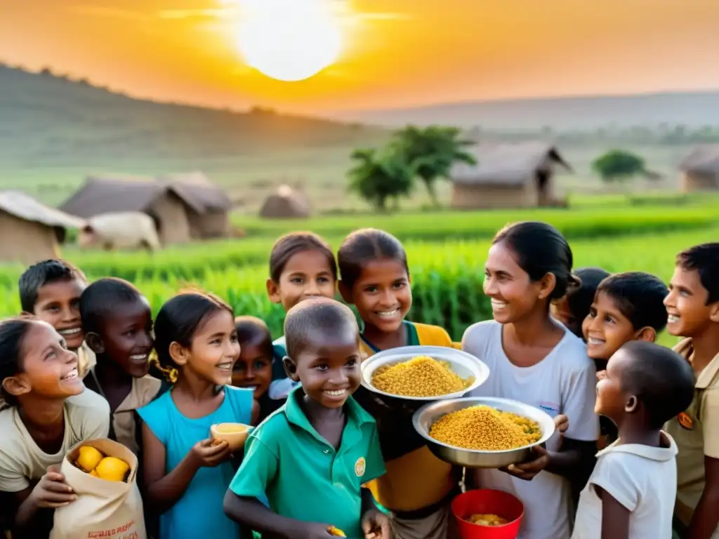 Voluntarios de ONG de seguridad alimentaria distribuyen comidas nutritivas a niños sonrientes en una aldea rural al atardecer