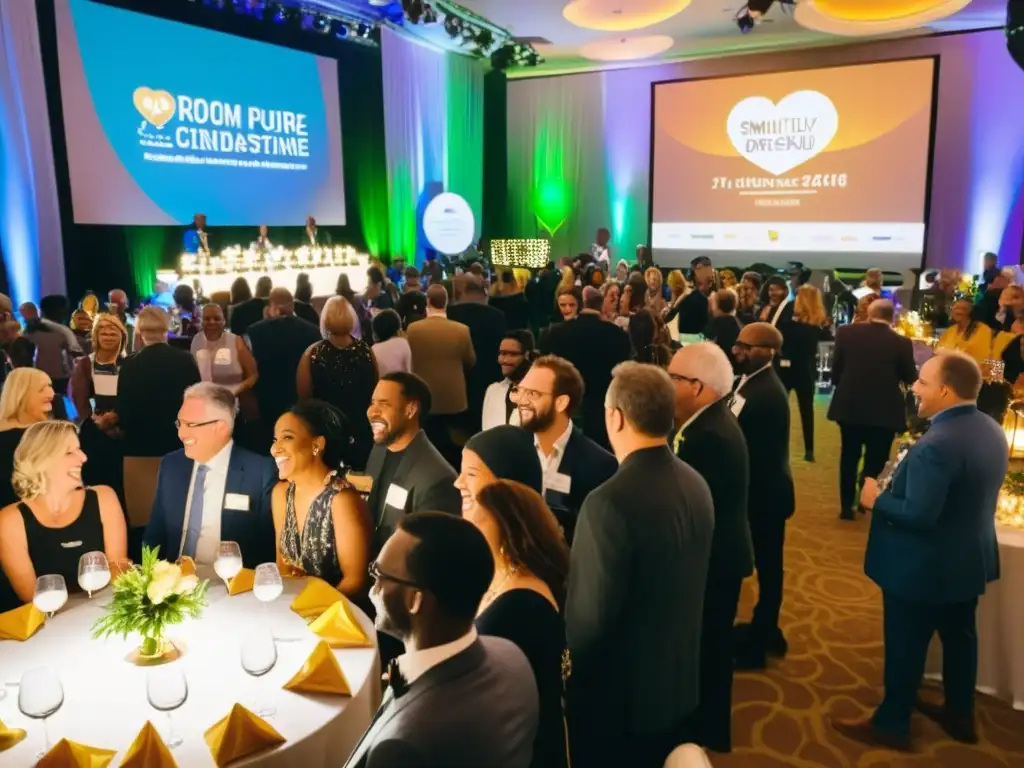 Voluntarios y simpatizantes celebran el éxito en un evento de recaudación de fondos para ONGs en un ambiente cálido y elegante, brindando felicidad