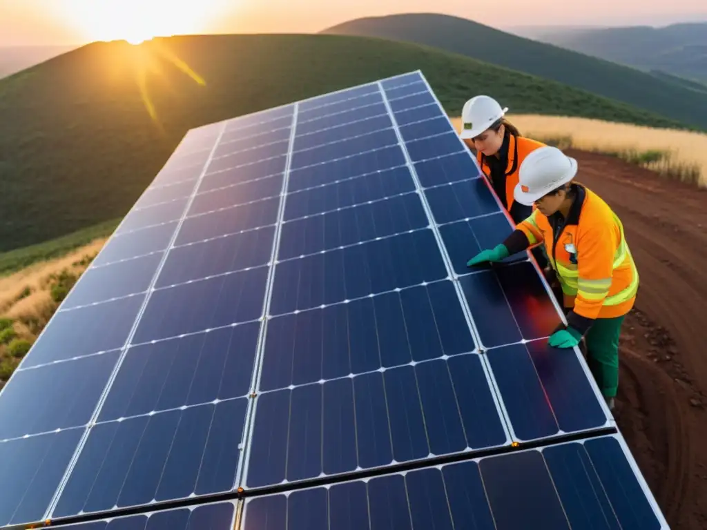 Equipo de voluntarios de ONG inspecciona panel solar al atardecer Voluntarios de ONG inspeccionan instalación solar al atardecer