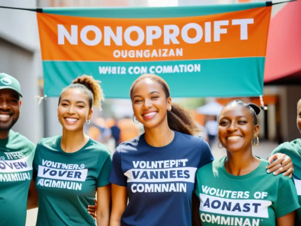 Voluntarios sonrientes con camisetas de ONG, conversando frente a un banner de campaña