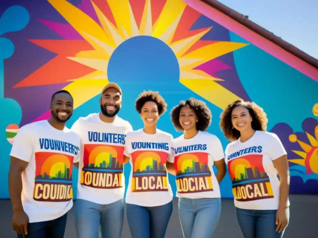 Voluntarios sonrientes promocionan campaña de crowdfunding para ONG sin fines lucro, frente a mural vibrante en la calle