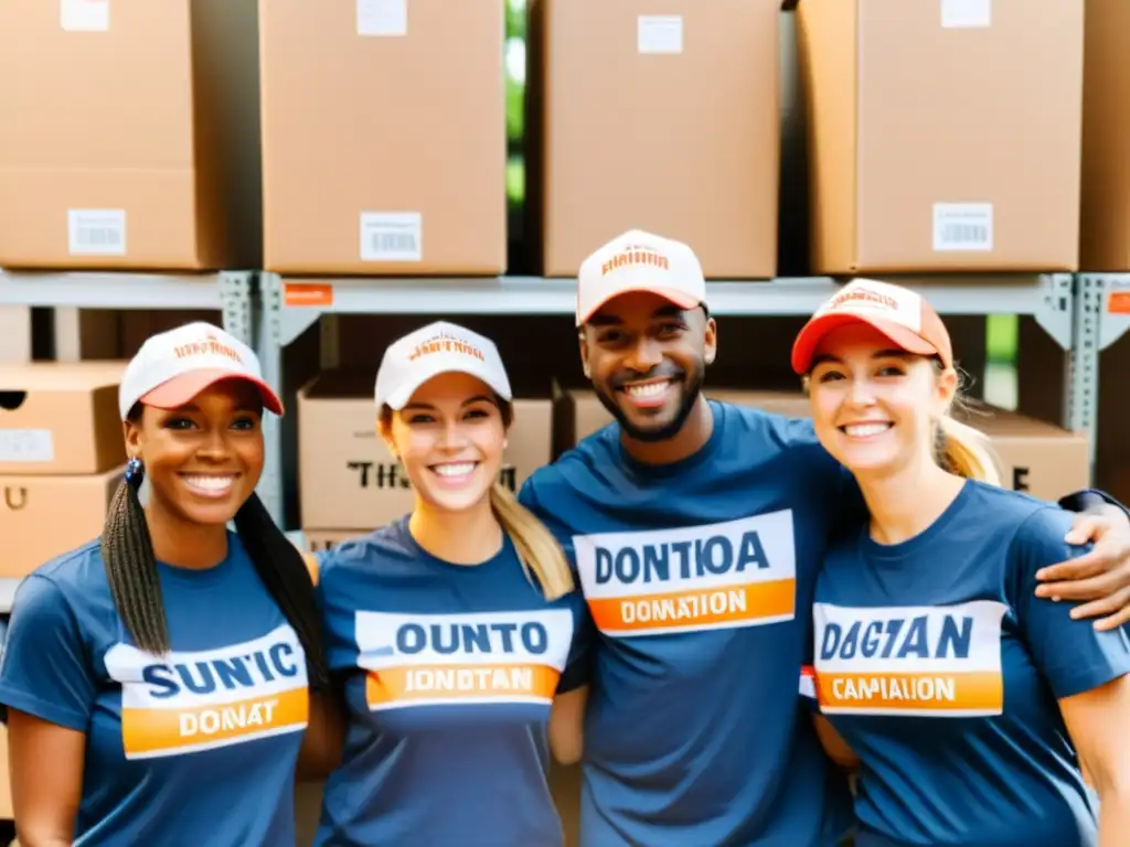 Voluntarios sonrientes en círculo rodeados de cajas de donación, mostrando logros de campaña