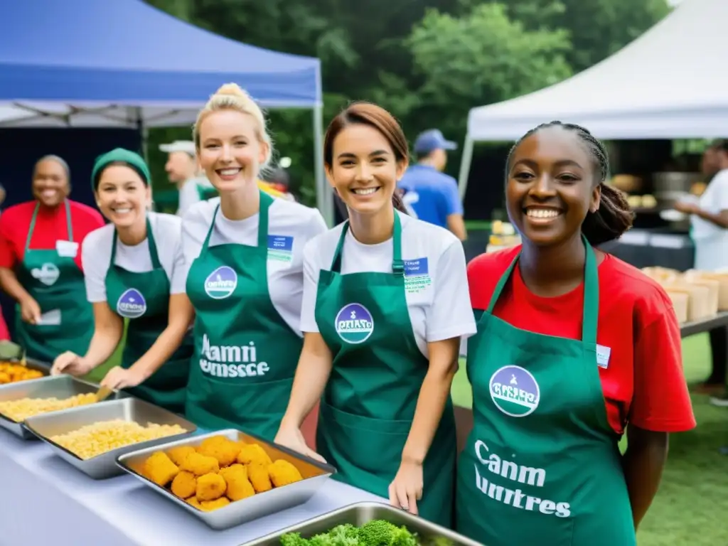 Voluntarios sonrientes sirven comida a una multitud en evento benéfico al aire libre, mostrando impacto del Software gestión eventos ONG