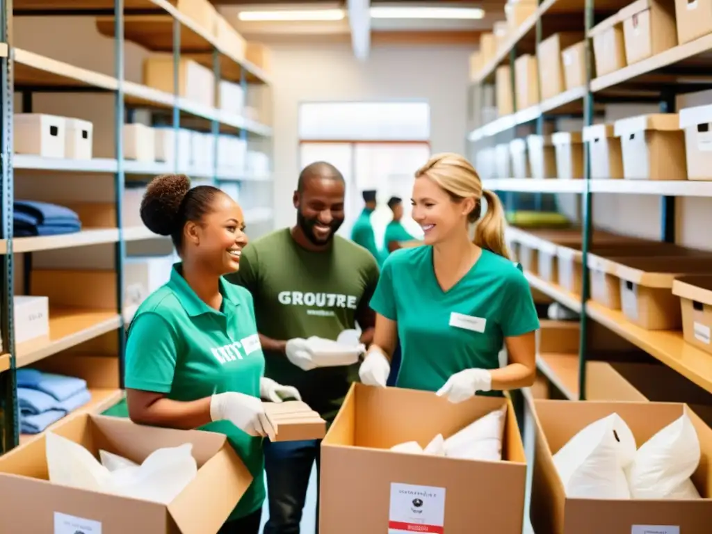 Voluntarios sonrientes organizando donaciones en un centro comunitario