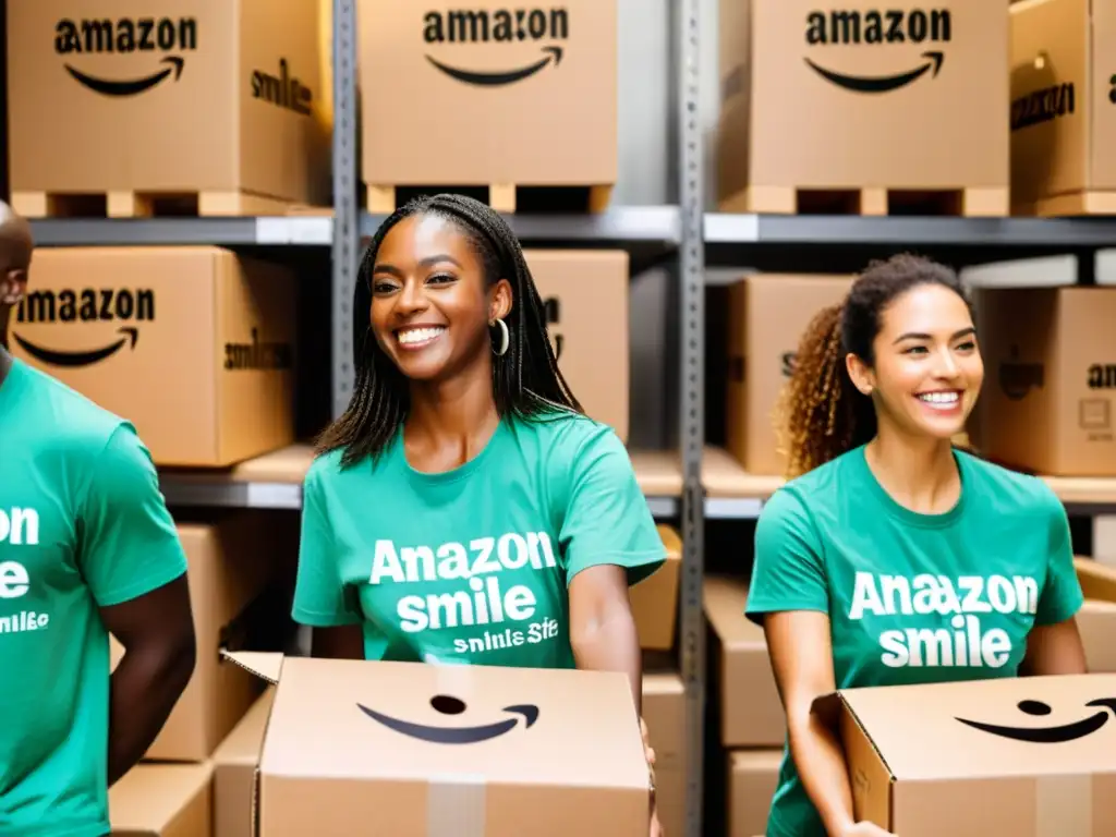 Voluntarios sonrientes empacando donaciones en almacén, con logotipo de Amazon Smile en cajas