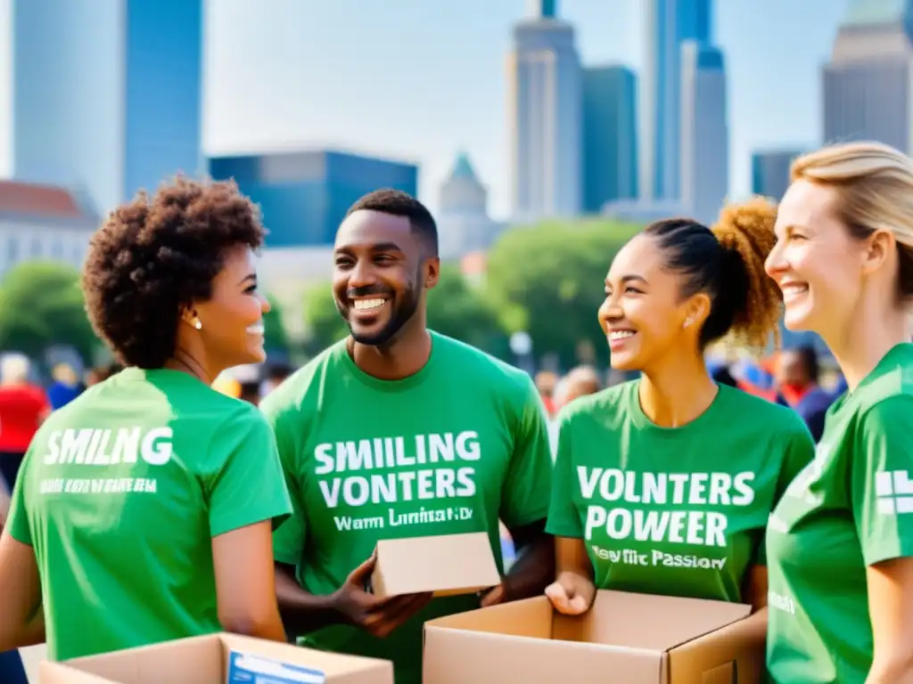 Voluntarios sonrientes aumentando donaciones en plaza de ciudad diversa, con energía vibrante y participación comunitaria