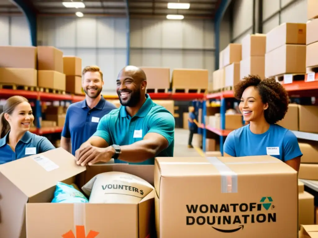 Voluntarios sonrientes empacan donaciones en almacén de ONG