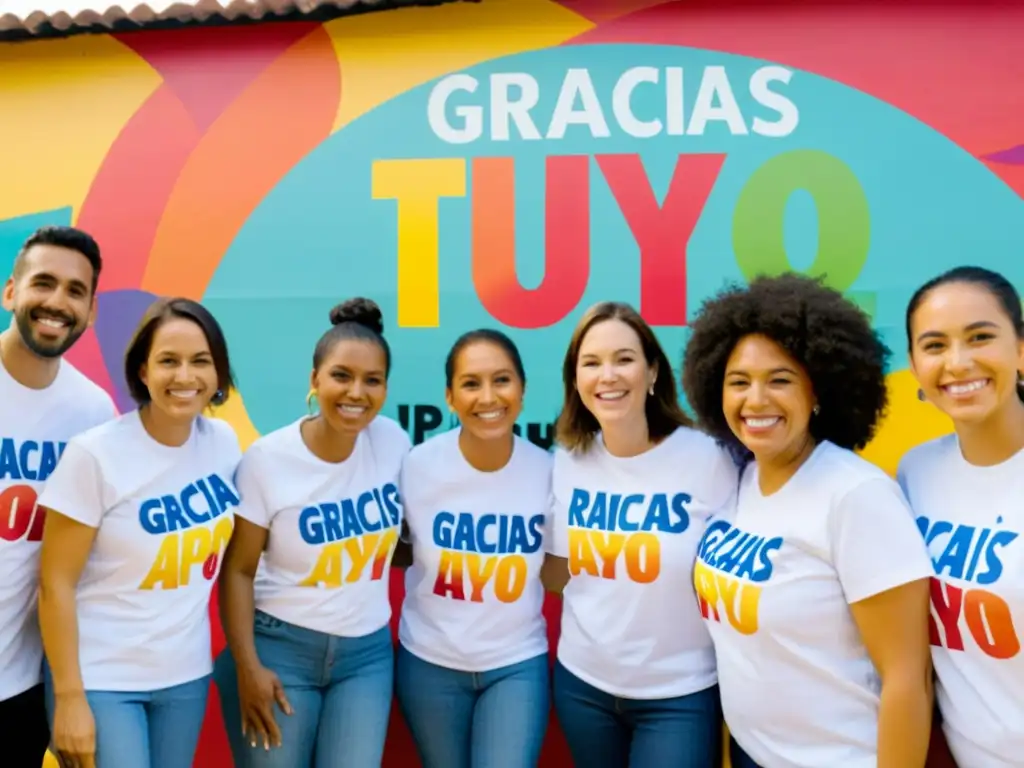 Voluntarios sonrientes agradecen a donantes frente a mural colorido