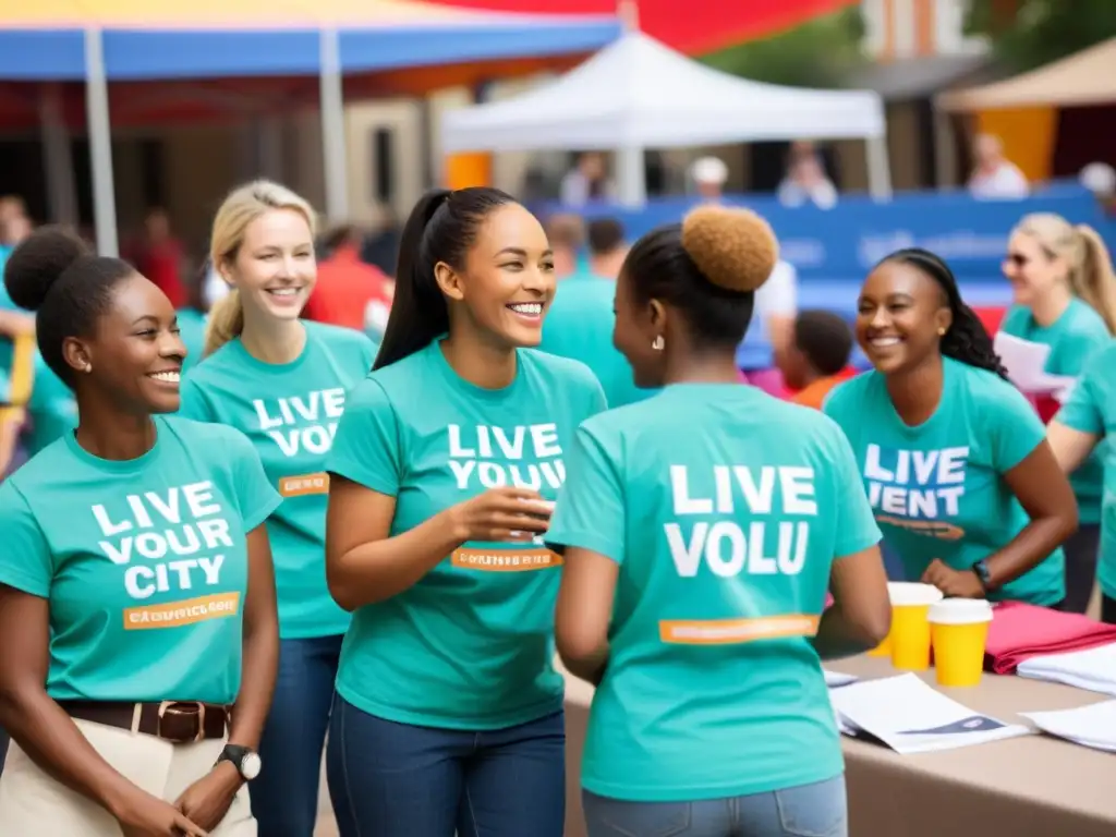 Voluntarios sonrientes organizan un evento benéfico en la plaza de la ciudad