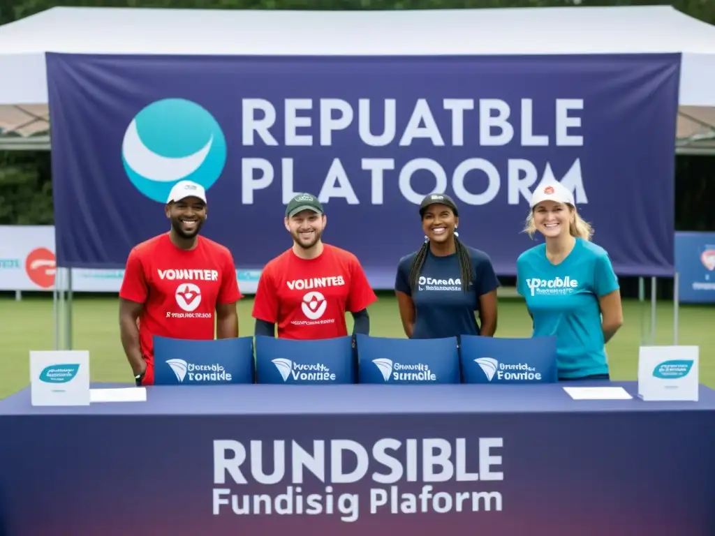 Voluntarios sonrientes en evento de recaudación de fondos ONG, rodeados de donantes y mesas informativas