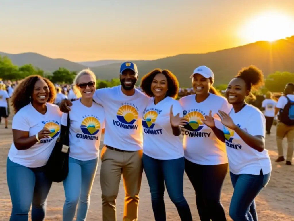 Voluntarios sonrientes se felicitan tras exitoso evento comunitario al atardecer, irradiando calidez