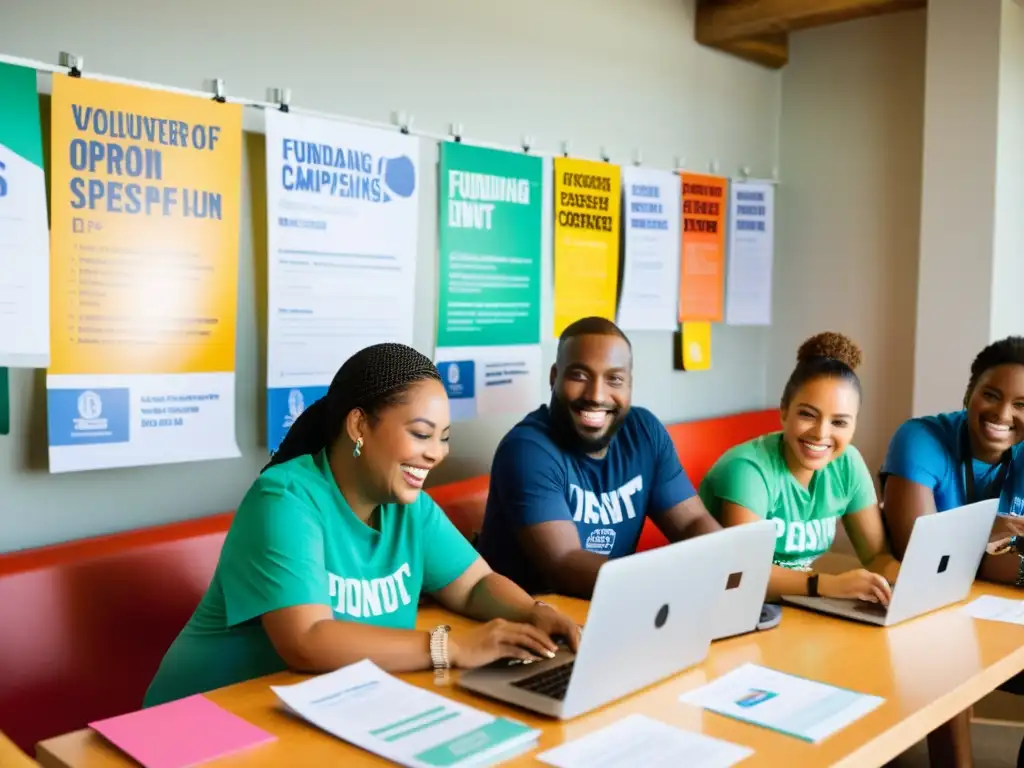 Equipo de voluntarios organizando evento solidario Voluntarios sonrientes trabajando juntos en la implementación CRM gestión donantes ONG, rodeados de luz natural y posters coloridos